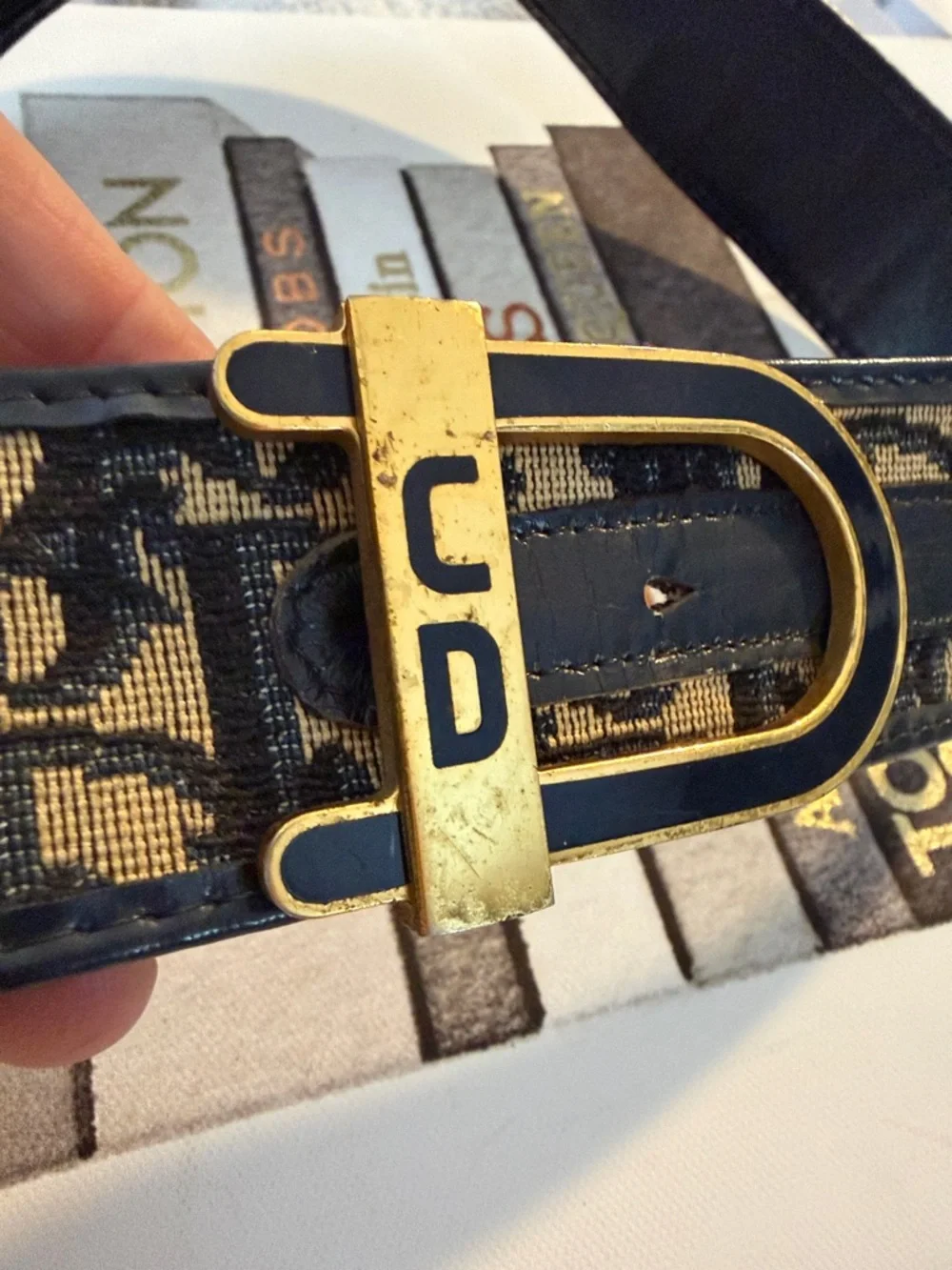 💙Dior Navy & Tan Oblique Signature Belt with Gold Buckle 🇫🇷